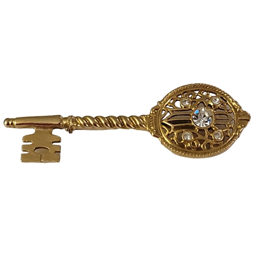1928 Brand Gold Tone Clear Rhinestone Skeleton Key Brooch Pin K541